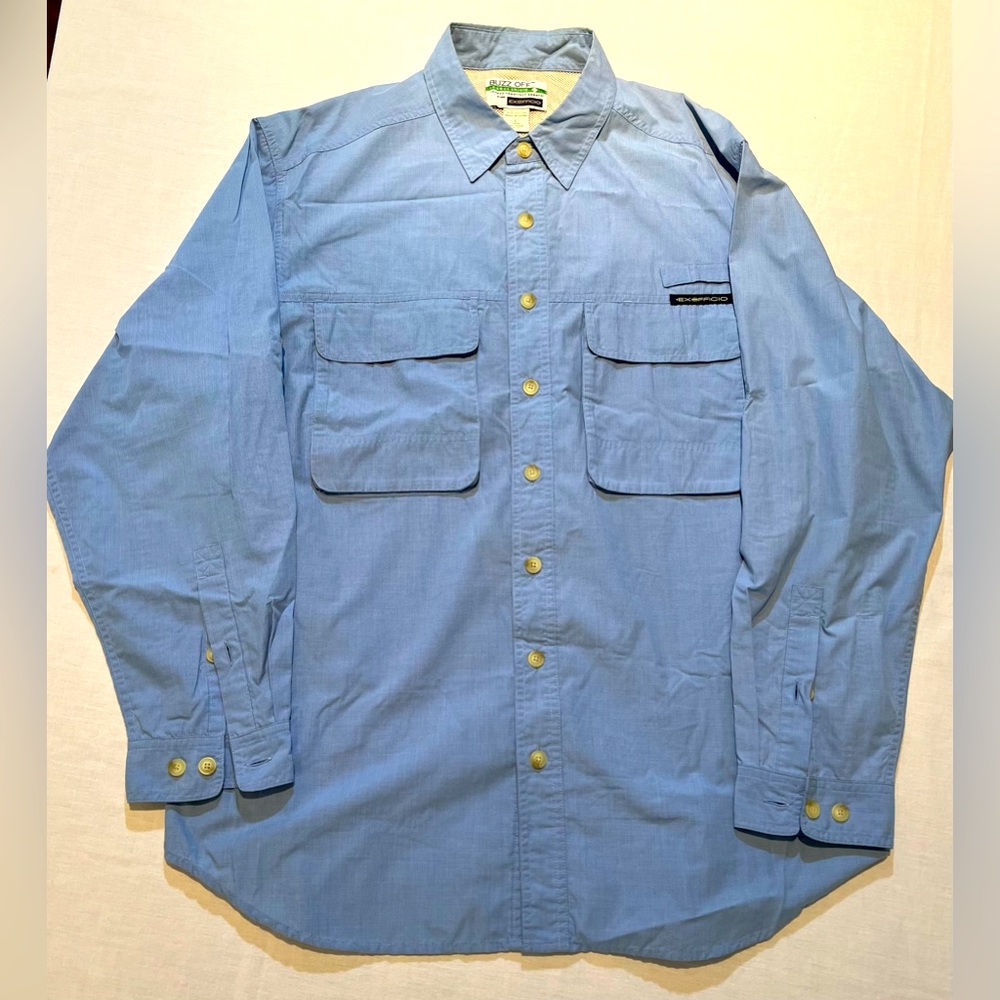 Exofficio Buzz Off Insect Shield Shirt LS Size Large Oxford Blue Vented EUC